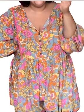 Bohemian Floral V-Neck Tunic Top - Blue, Pink & Mustard PTP 24’